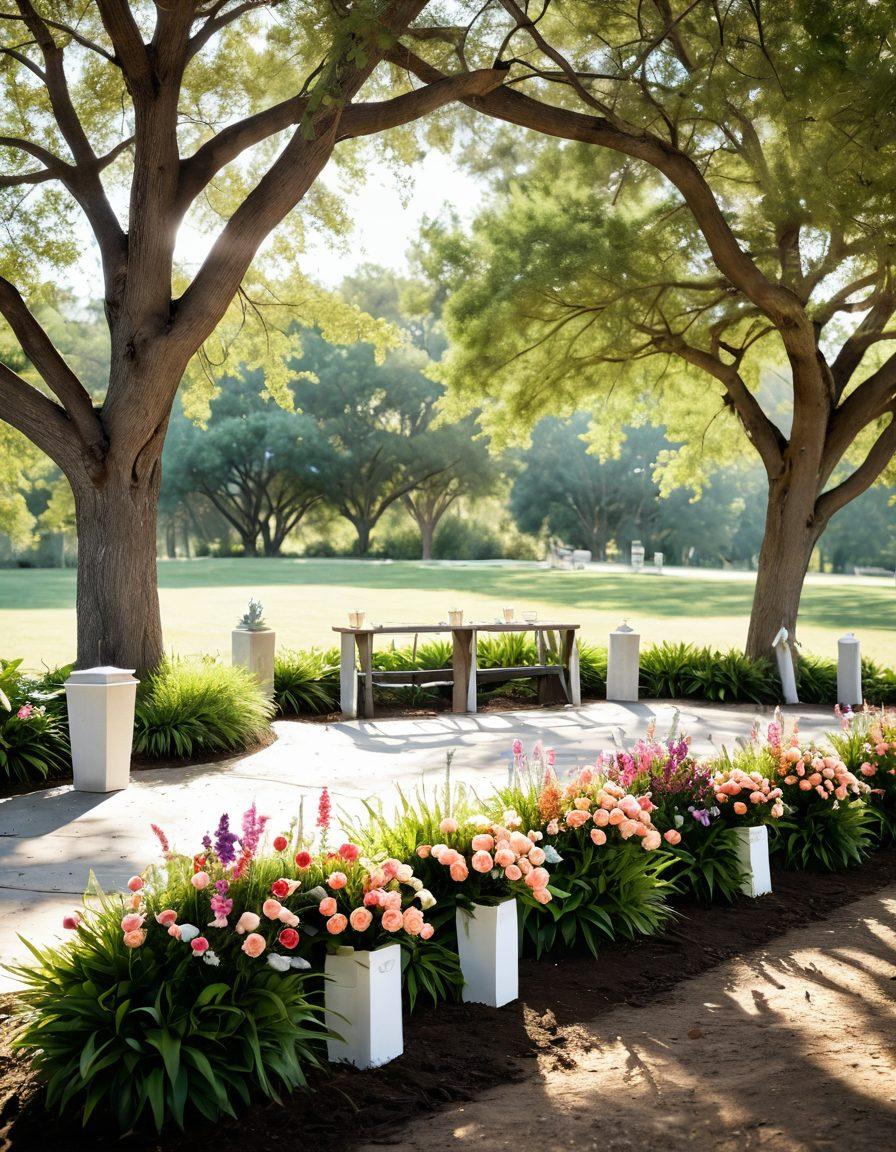 A serene and peaceful outdoor setting featuring a beautifully arranged eco-friendly farewell ceremony, with biodegradable urns, vibrant flowers, and greenery. Family and friends are gathered, holding hands in a circle, and sharing memories with joy. Soft sunlight breaks through the trees, creating a warm and inviting atmosphere. Enhance the image with a blend of pastel colors to evoke tranquility and hope. super-realistic. vibrant colors. nature-inspired.