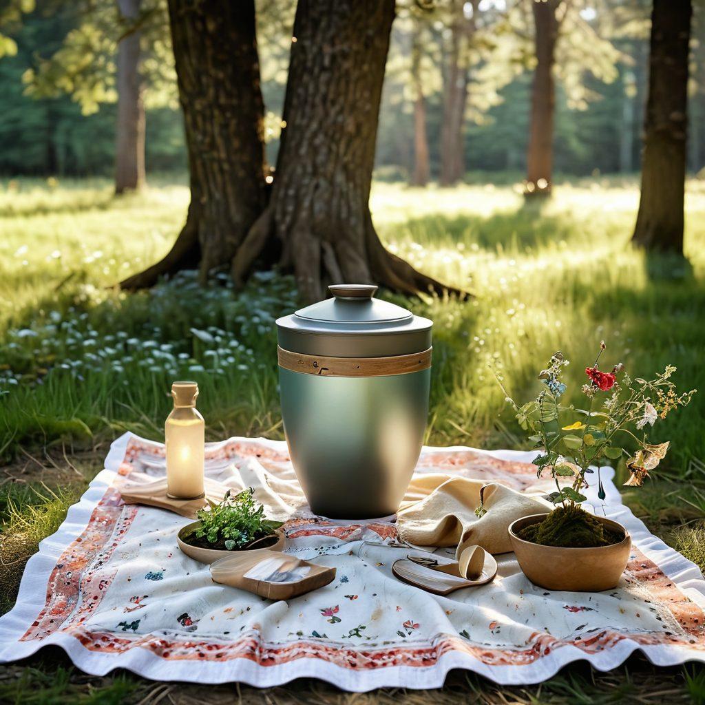 A serene outdoor scene featuring a peaceful forest clearing with a biodegradable urn surrounded by blooming wildflowers and gently fluttering butterflies. A cozy picnic blanket spread nearby hints at a gathering of loved ones celebrating life with laughter and heartfelt stories. Soft sunlight filters through the trees, casting a warm glow. Include elements that evoke sustainability and connection, such as a small tree sapling ready to be planted. super-realistic. vibrant colors. nature-inspired.