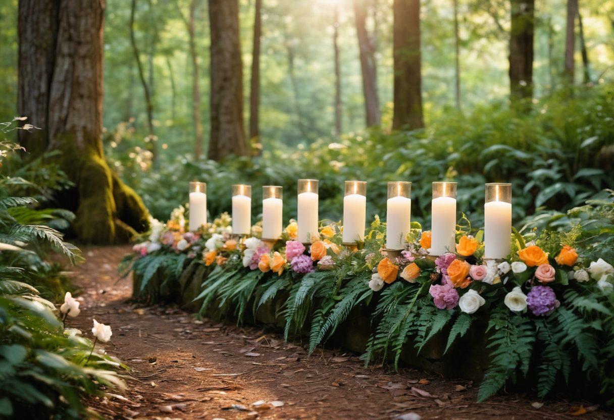 A serene outdoor memorial service set in a lush forest, featuring a beautifully decorated altar made of natural elements like flowers, stones, and greenery. Soft sunlight filters through the leaves, casting gentle shadows on guests dressed in pastel colors, holding white candles. Add small wildlife, such as butterflies and birds, to symbolize life and remembrance. Capture the warmth and tranquility of the moment, surrounded by nature's beauty. super-realistic. vibrant colors. serene atmosphere.